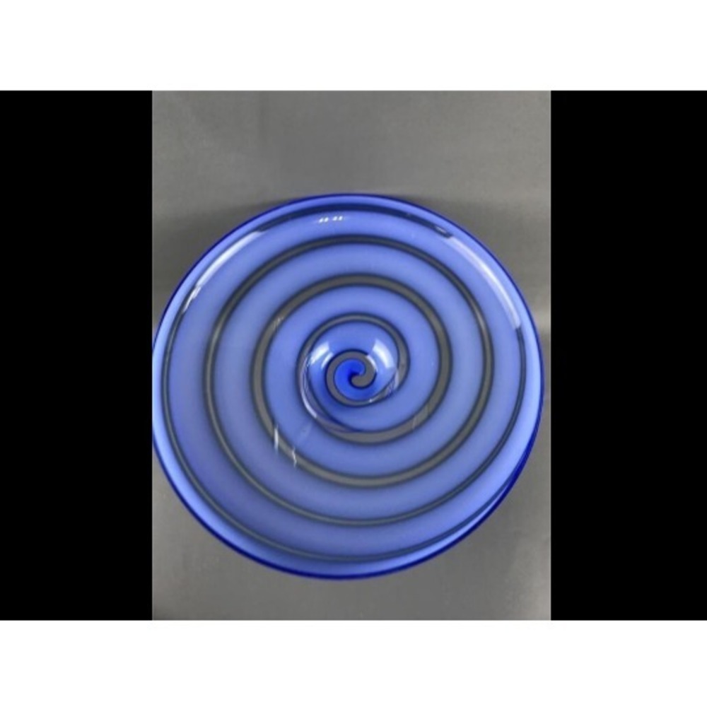 Handmade Poland Art Glass Centerpiece Bowl Cobalt Periwinkle Blue Spiral Swirl - Picture 2 of 4